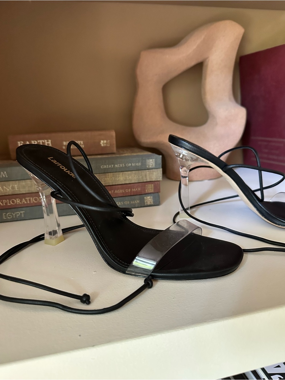 NWOT - Larroude Black Heeled Sandals with Clear Strap and Lucite Heel - Picture 3 of 4